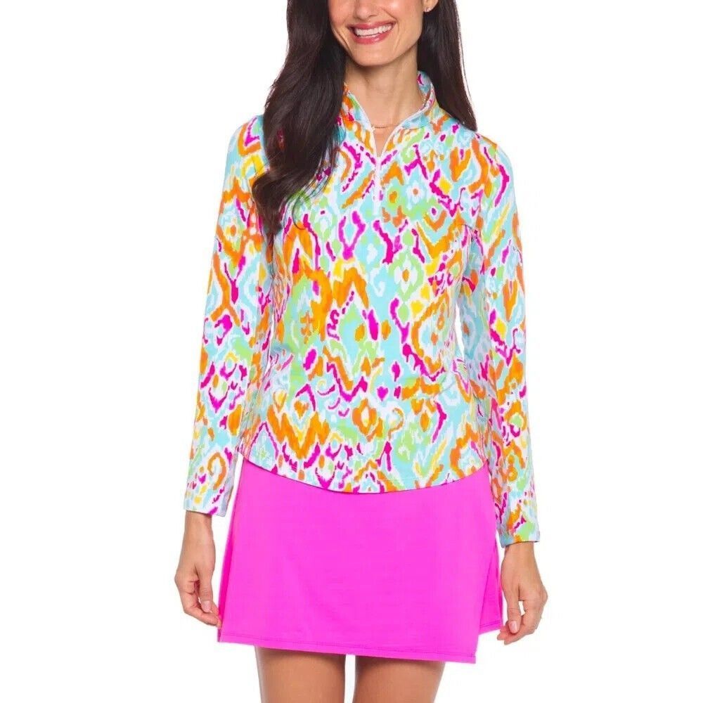 IBKUL Tillie Mock Neck Zip Top Long Sleeve Sun Shirt Seafoam Multi S M L Golf
